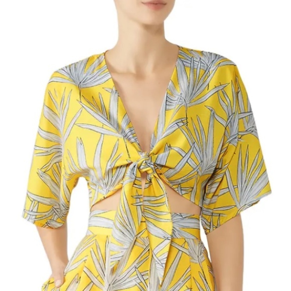 🌻 Hutch Yellow & White Leaf Tie Front Crop Top | Size Large